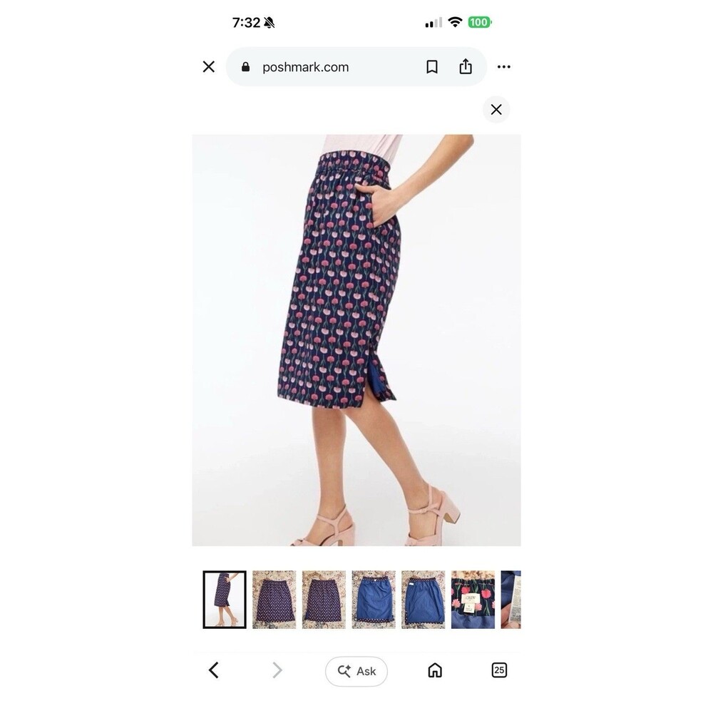 J. Crew Midi Skirt S Pull On Floral Carnations Blue Pink Coquette Retro